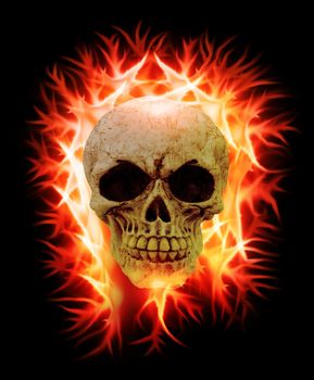 an human skull on fire on a black background