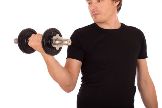 Man doing exercise with a steel dumbbell. Isolated on white background.