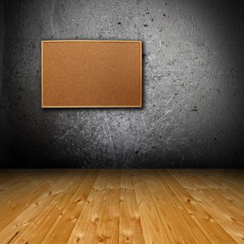 blank interior backdrop with grunge wall and wooden floor - corkboard hanging for your design