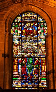 King Ferdinand Stained Glass Created 1500s Seville Cathedral, Cathedral of Saint Mary of the See, Seville, Andalusia Spain.  Built in the 1500s.  Largest Gothic Cathedral in the World and Third Largest Church in the World.  Burial Place of Christopher Columbus.