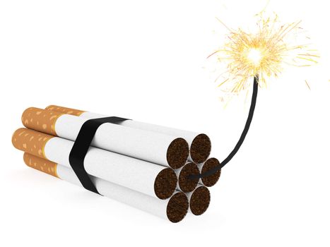 Dynamite composed of cigarettes with burning wick on white background. High resolution 3D image
