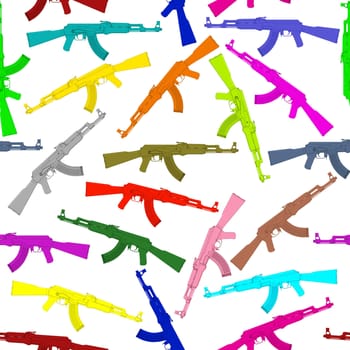 Seamless background pattern of colorful assault rifles isolated on white. High resolution 3D image
