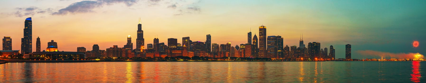 Downtown Chicago, IL at sunset as seen from Lake Michigan