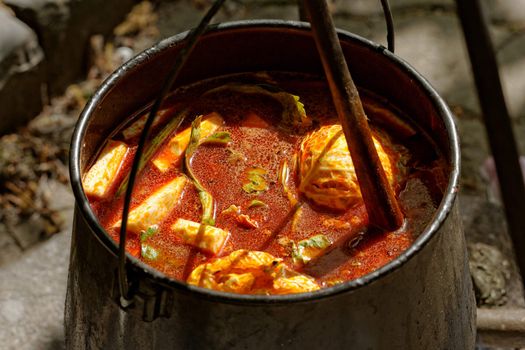 food cooking in stew pot in the nature