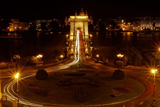 Night image with traffic of the hungarian chain Bridge extremly high donau
