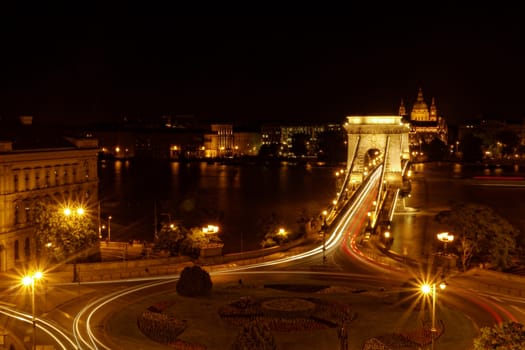 Night image with traffic of the hungarian chain Bridge extremly high donau
