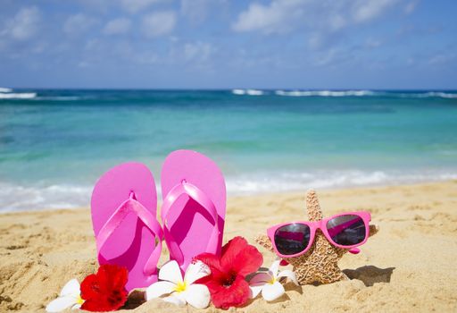Flip flops and starfish with sunglasses with tropical flowers on sandy beach in Hawaii, Kauai