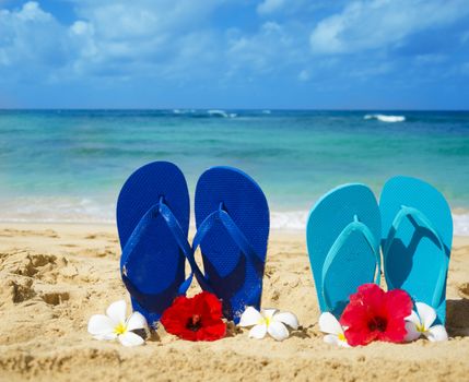 Flip flops with tropical flowers on sandy beach in Hawaii, Kauai