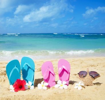 Flip flops and starfish with sunglasses with tropical flowers on sandy beach in Hawaii, Kauai