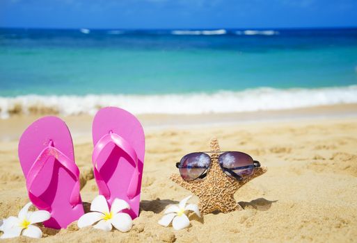 Flip flops and starfish with sunglasses with tropical flowers on sandy beach in Hawaii, Kauai