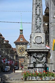 The historic picturesque centre of Berne, Switzerland with an ancient water fountain