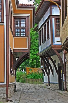 Old cobbled street in the ancient town of Plovdiv, Bulgaria with historic houses dating from the XVI century