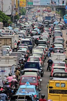 Jakarta, Indonasia, circa February 2013 Congested, blocked Jl Gunung Sahari Raya road in Jakarta, Indonesia during the floods