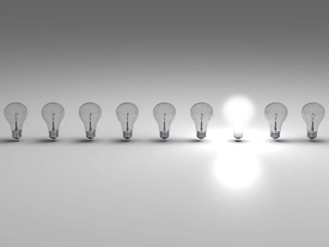 Row of lightbulbs, concept of one bright idea