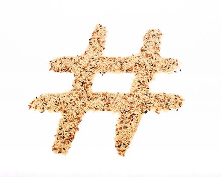 A hashtag made of rice against a white background.