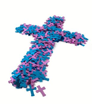 A cross made of small blue and purple crosses against a white background.