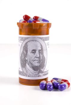 A single pill bottle, labeled with a hundred dollar bill, with purple and red pills.







A pill bottle with lots of pills.