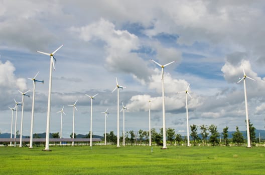 white Wind turbines in farm 