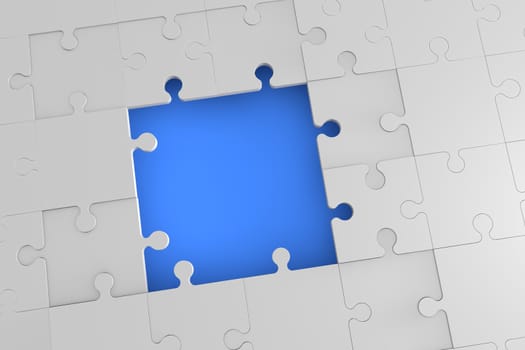 3d Puzzle concept: Plain white jigsaw puzzle, on blue background.