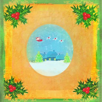 card with Santa, winter landscape and abstract holly berry decoration