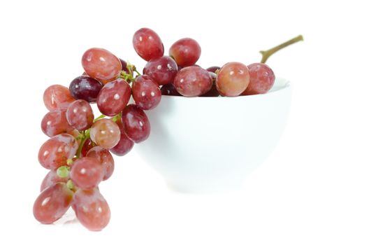 close up  of red grapes in bowl  on white