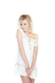 Stylish woman posing on a white background