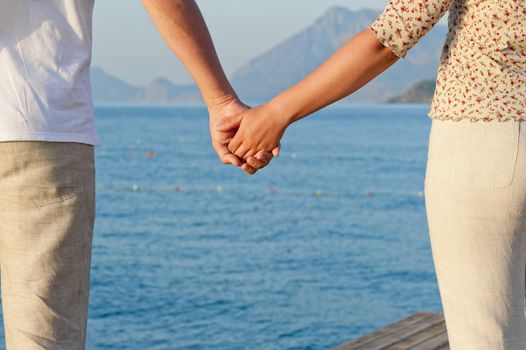 Loving couple holding hands on the background of the sea