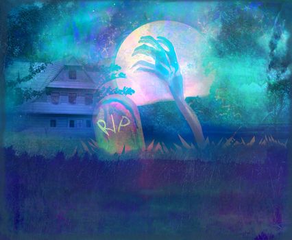 Halloween background with a hand and a scary house