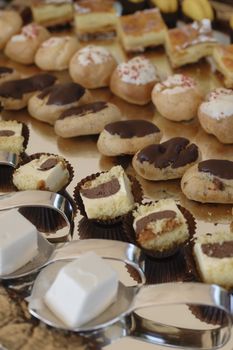 Variety of italian pastry on tray display