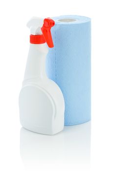 white spray bottle and towel