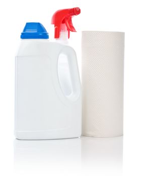big bottle and spray with towel