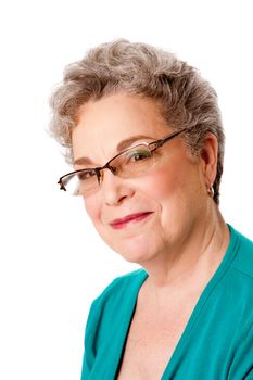 Portrait of beautiful happy smiling senior woman face with gray hair and wearing glasses, isolated.