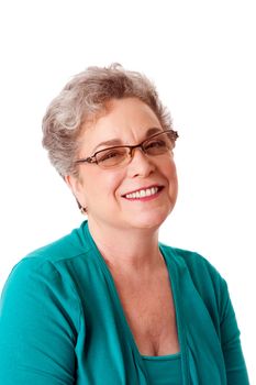 Portrait of beautiful happy smiling senior woman face with gray hair and wearing glasses, isolated.