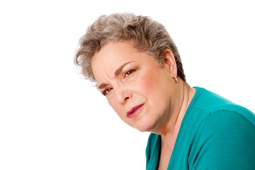 Beautiful senior old woman with confused expression and gray hair, isolated.