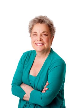 Beautiful Happy smiling senior woman with gray hair and arms crossed, isolated.