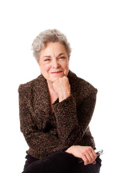 Beautiful happy smiling senior woman expression holding glasses relaxed, isolated.