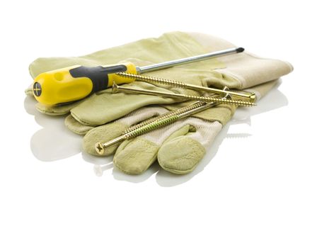 screwdriver and screws on gloves