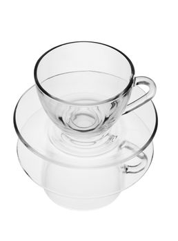 transparent cup on a plate with reflection isolated