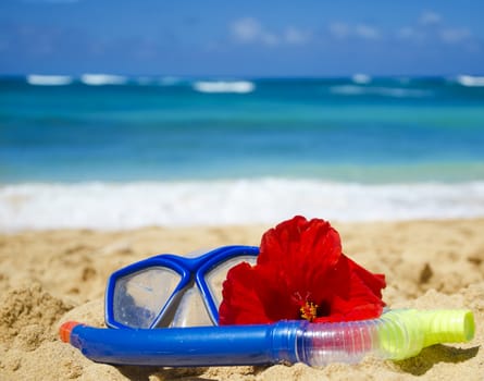 Snorkel and mask with tropical flower on sandy beach in Hawaii, Kauai