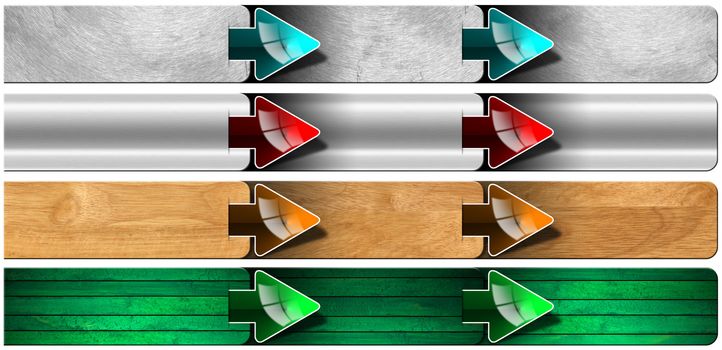 Next step with three rectangular metallic and wooden boxes and arrows