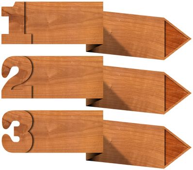 Three wooden banners with arrows and three options on white background