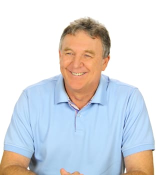 Middle aged casual man smiling and sitting.