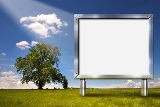 Realistic advertising gray chrome billboard in country landscape with big tree