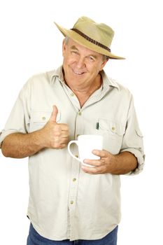 Casual middle aged man with coffee and hat gives the thumbs up.