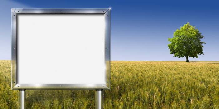 Realistic advertising gray chrome billboard in country landscape with big tree