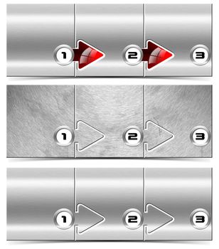 Three horizontal metallic banners or headers with three steps box and numbering

