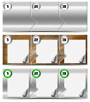 Three horizontal metallic banners or headers with three steps box and numbering

