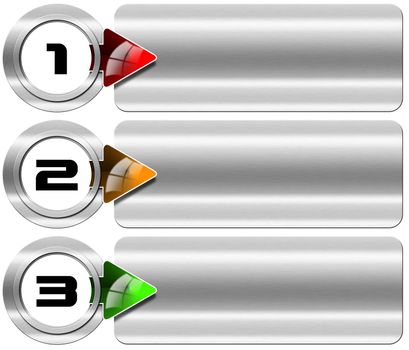 Three metal banners with red, orange and green arrow, metal circle and three options