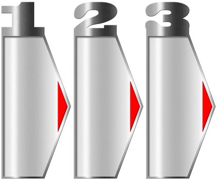 Three metal banners with red arrows and three options on white background