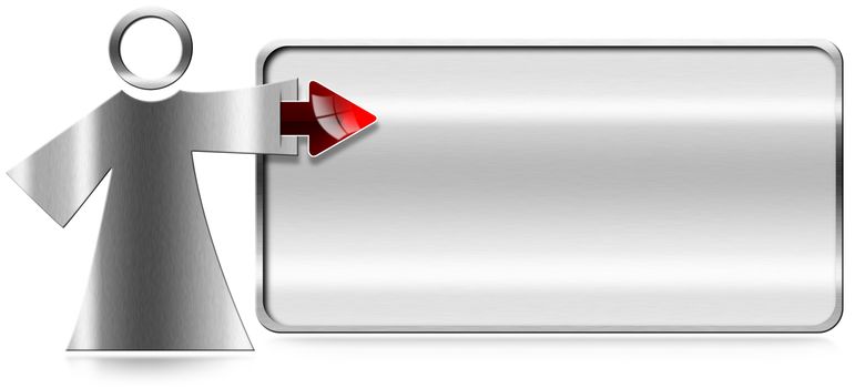 Little metallic man with red arrow and metal empty billboard